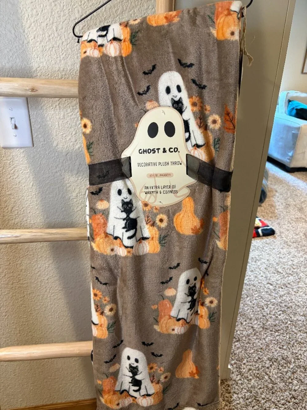 Ghost & Co Halloween Ghost Black Cat Pumpkin Plush Throw Blanket 60x70 NWT